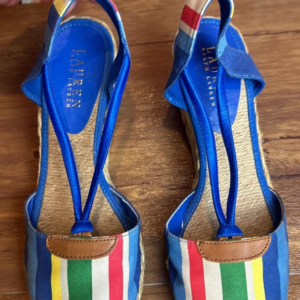 Ralph Lauren Cala Espadrille Sandals Wedge Blue Multi Striped size 8 S